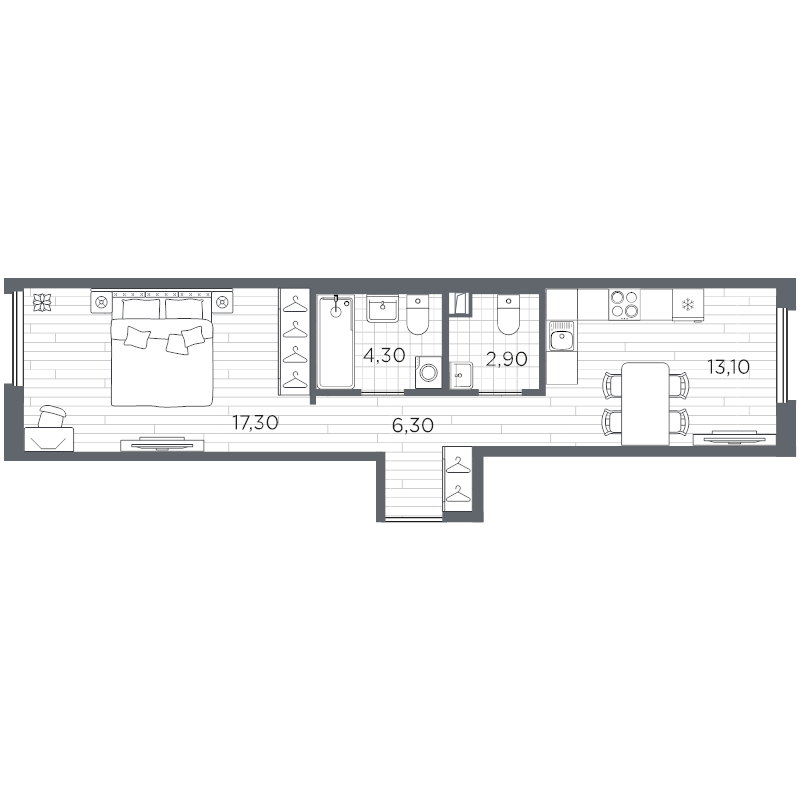 1-комнатная квартира, 43.9 м² в ЖК "Плюс Пулковский" - планировка, фото №1