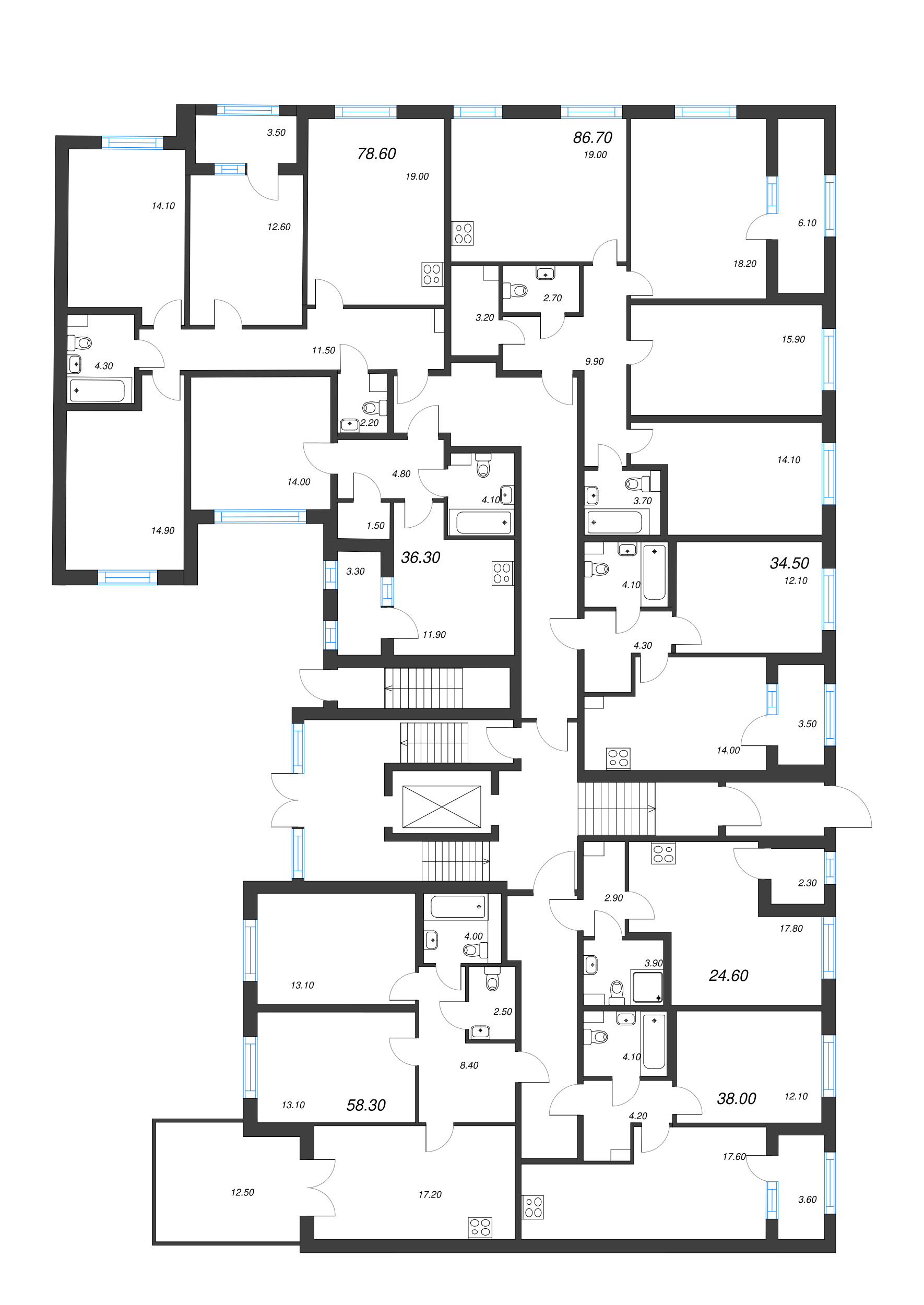 4-комнатная (Евро) квартира, 78.6 м² - планировка этажа