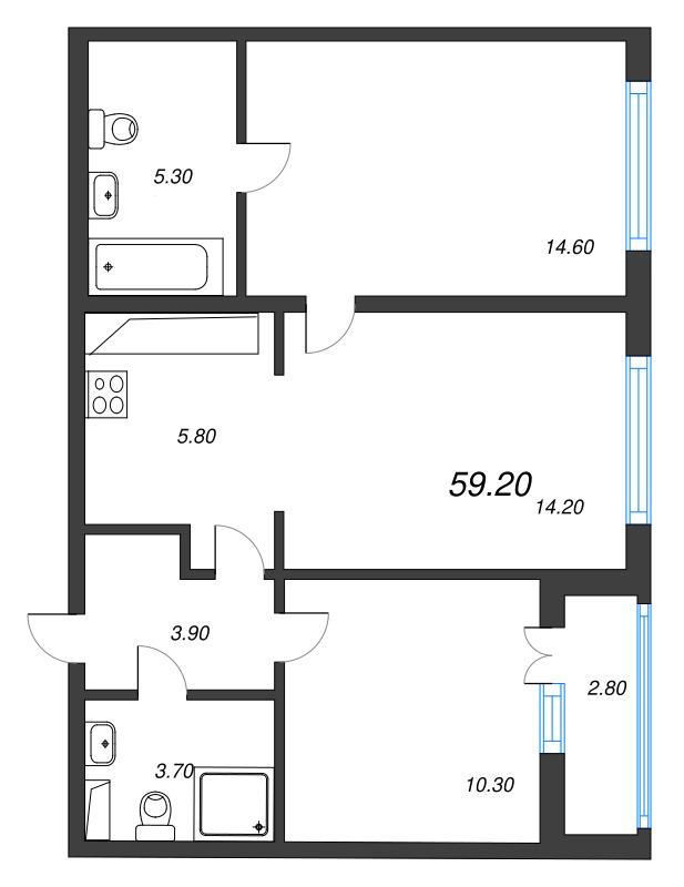 3-комнатная (Евро) квартира, 59.2 м² - планировка, фото №1