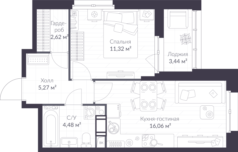 2-комнатная (Евро) квартира, 41.47 м² в ЖК "VEREN NORT сертолово" - планировка, фото №1