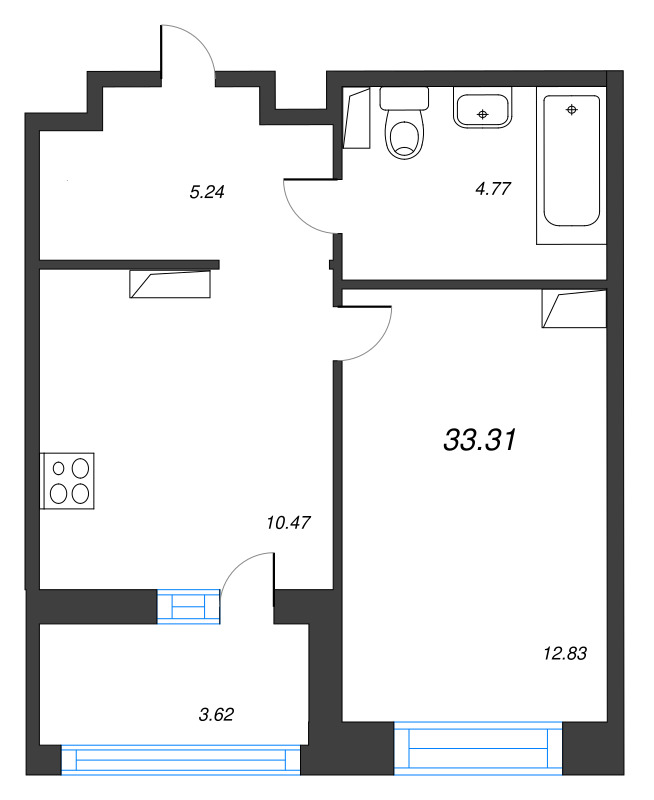 1-комнатная квартира, 33.31 м² - планировка, фото №1