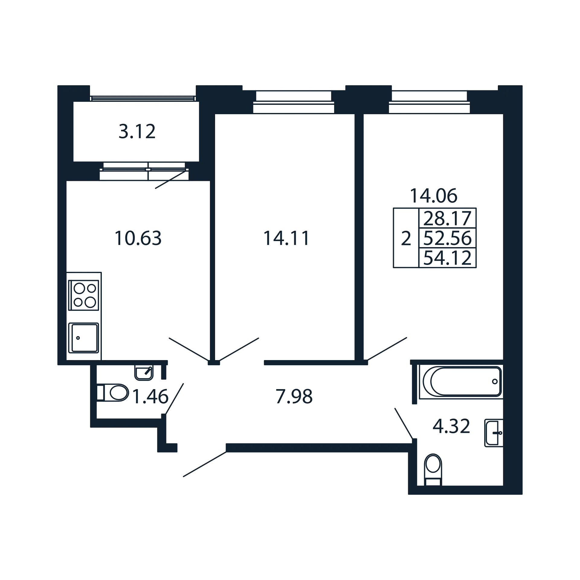 2-комнатная квартира, 52.56 м² в ЖК "Полис Новоселье" - планировка, фото №1
