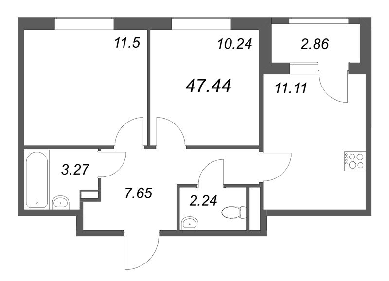 2-комнатная квартира, 47.44 м² в ЖК "Гранат" - планировка, фото №1