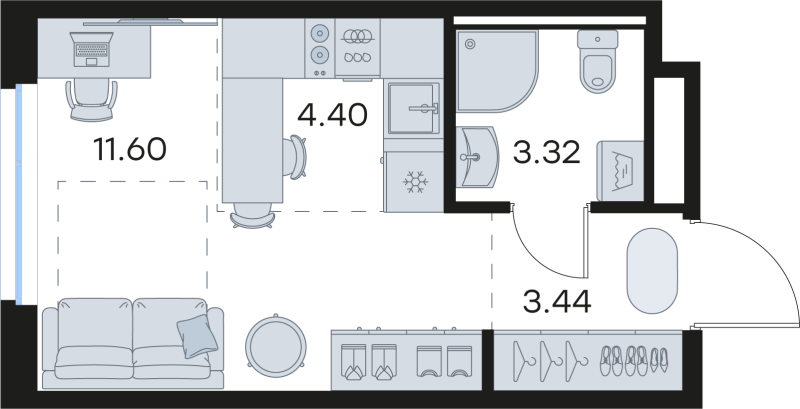 Квартира-студия, 22.76 м² в ЖК "GloraX Новоселье" - планировка, фото №1
