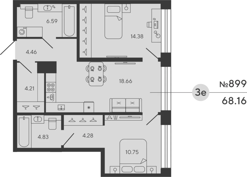 3-комнатная (Евро) квартира, 68.16 м² - планировка, фото №1