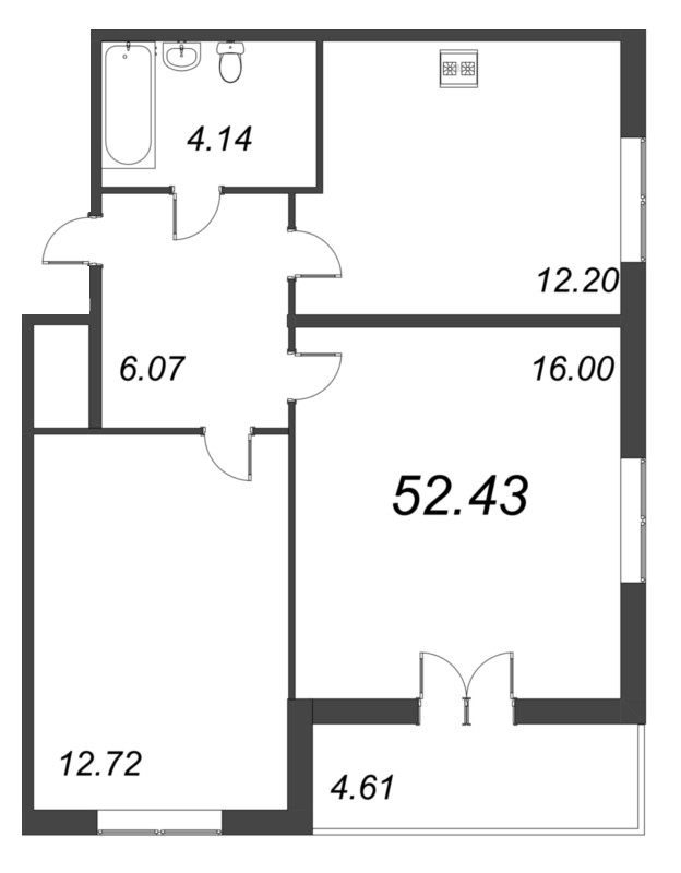 2-комнатная квартира, 52.43 м² - планировка, фото №1