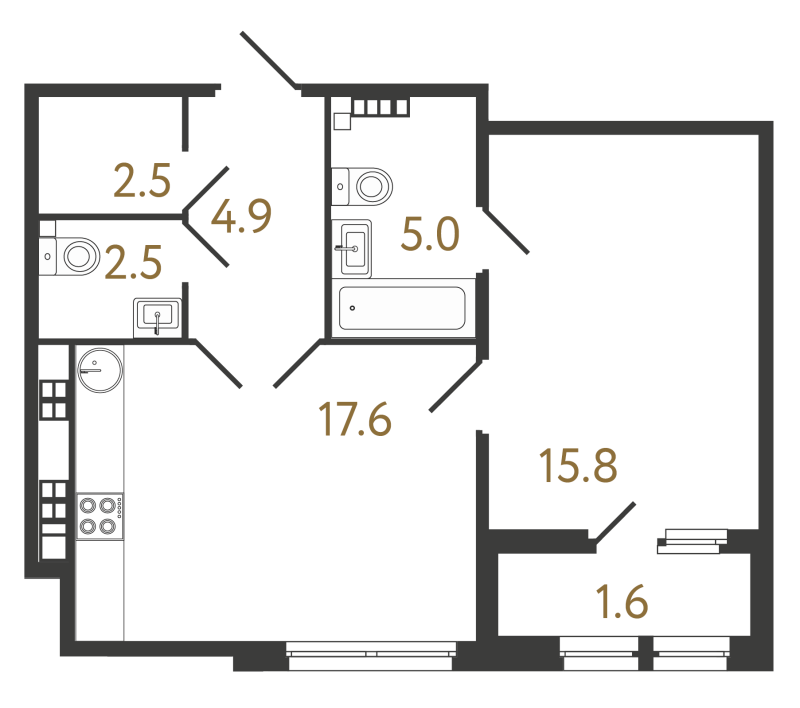2-комнатная (Евро) квартира, 48.3 м² в ЖК "МИРЪ" - планировка, фото №1