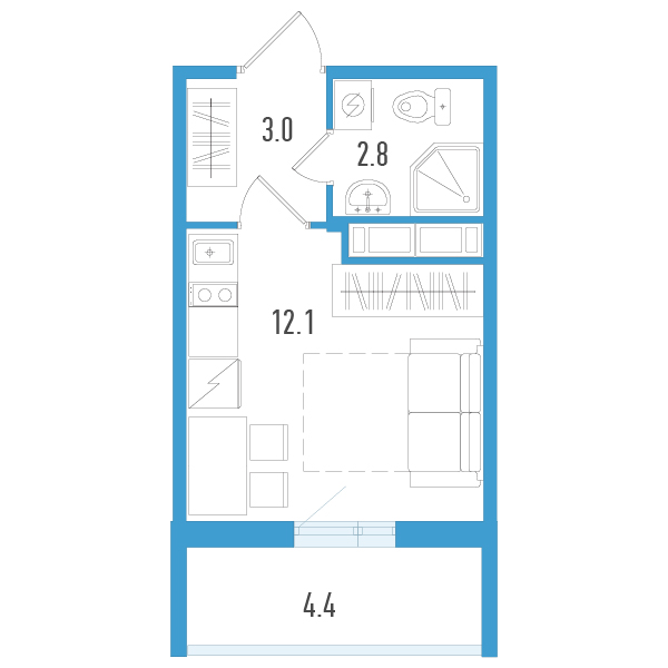 Квартира-студия, 19.2 м² в ЖК "Аэросити" - планировка, фото №1