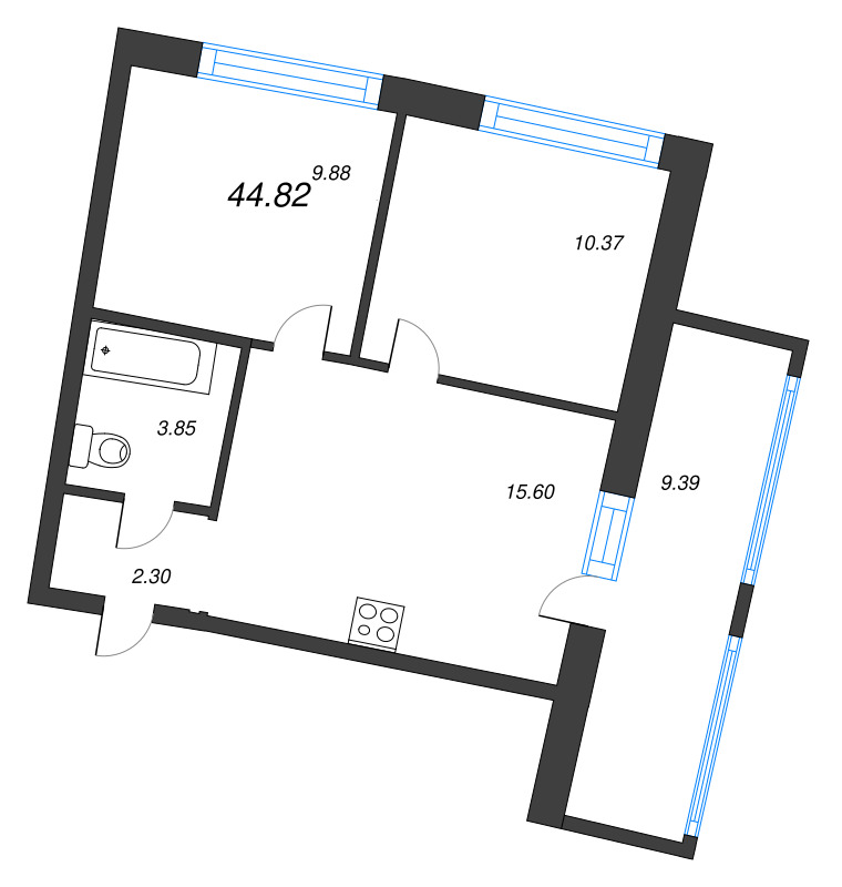 2-комнатная квартира, 44.82 м² в ЖК "Аквилон Riva" - планировка, фото №1