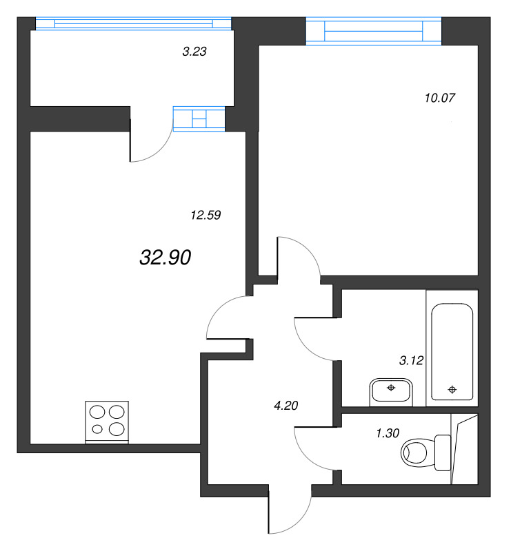 1-комнатная квартира, 32.9 м² - планировка, фото №1