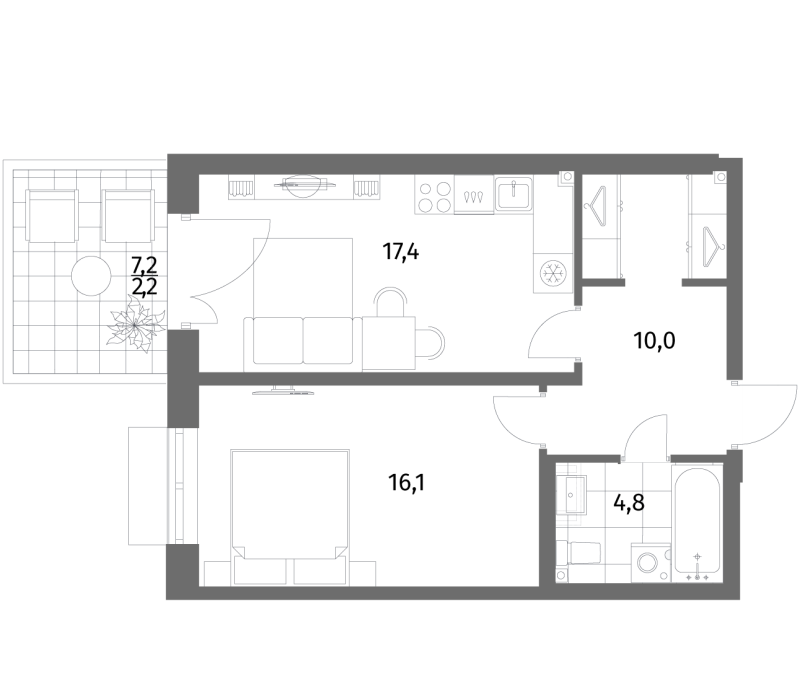2-комнатная (Евро) квартира, 50.5 м² в ЖК "Парусная 1" - планировка, фото №1