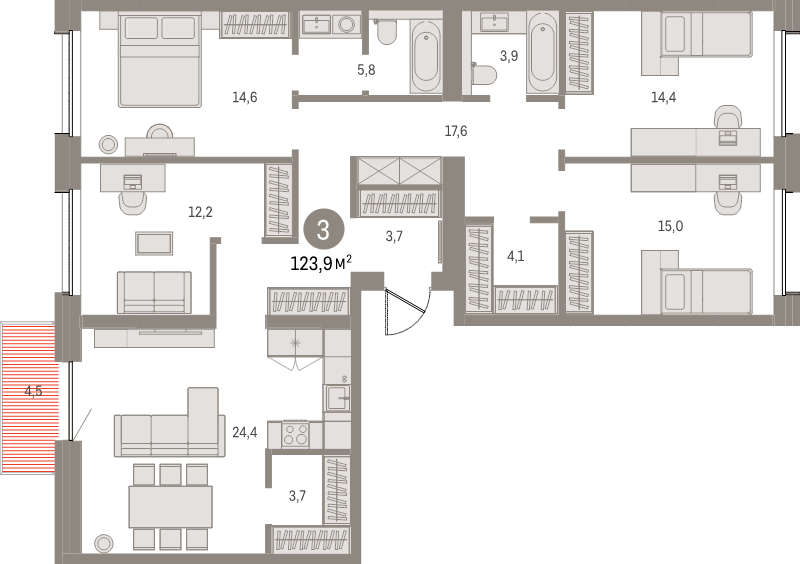 5-комнатная (Евро) квартира, 127.6 м² в ЖК "Северный ветер" - планировка, фото №1