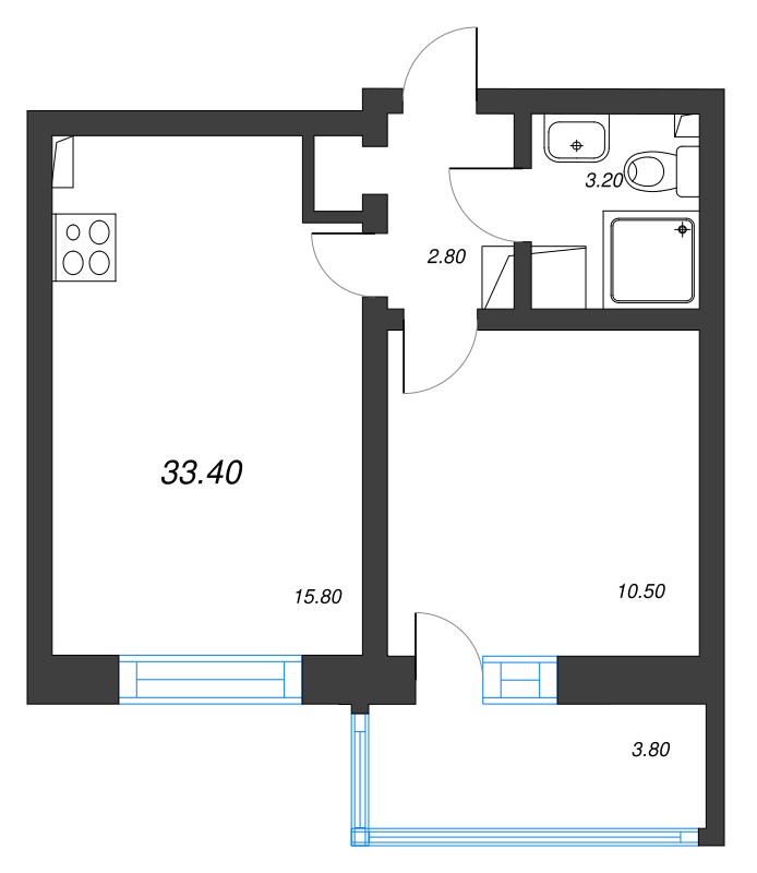 2-комнатная (Евро) квартира, 33.4 м² - планировка, фото №1