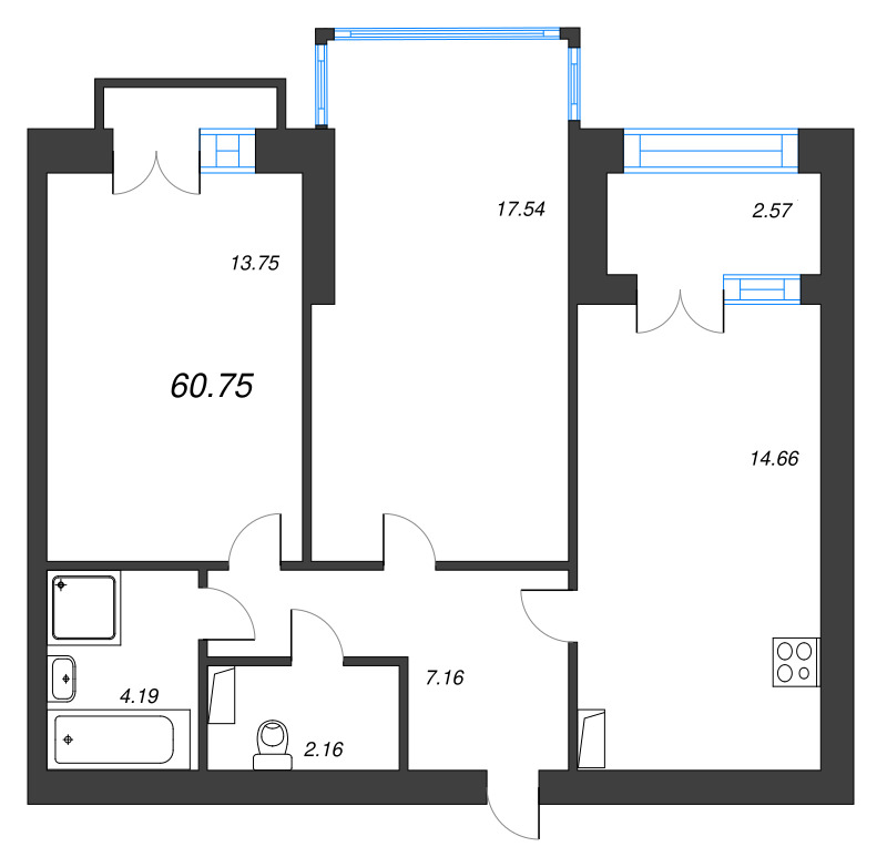 2-комнатная квартира, 64.7 м² - планировка, фото №1