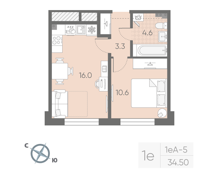 1-комнатная квартира, 34.5 м² в ЖК "Пулково Lake" - планировка, фото №1