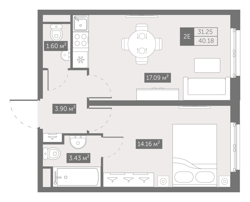 1-комнатная квартира, 40.18 м² в ЖК "Zoom на Неве" - планировка, фото №1