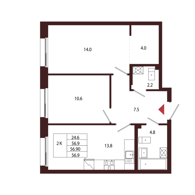 2-комнатная квартира, 56.9 м² в ЖК "Лисино" - планировка, фото №1