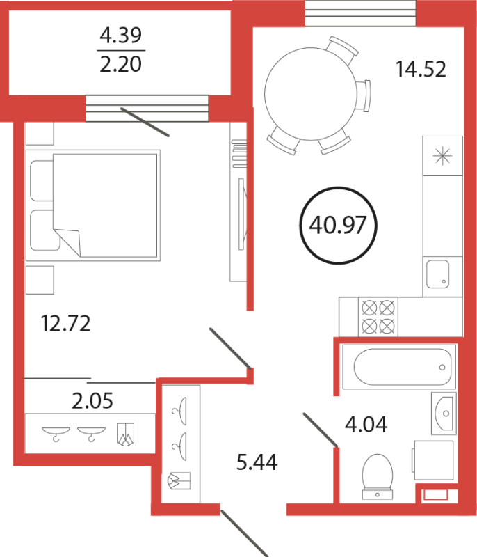 1-комнатная квартира, 40.97 м² в ЖК "Энфилд" - планировка, фото №1