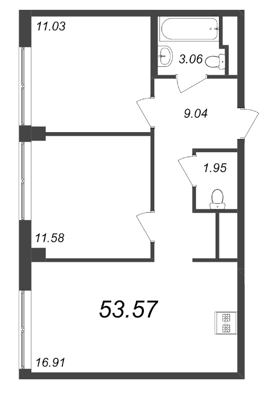 3-комнатная (Евро) квартира, 53.57 м² - планировка, фото №1