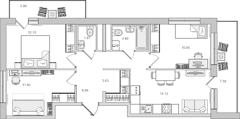 3-комнатная квартира, 66.12 м² - планировка, фото №1