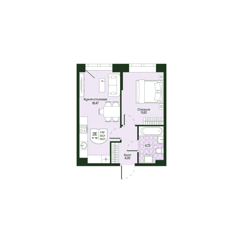 2-комнатная (Евро) квартира, 39.21 м² в ЖК "Охтинские высоты" - планировка, фото №1