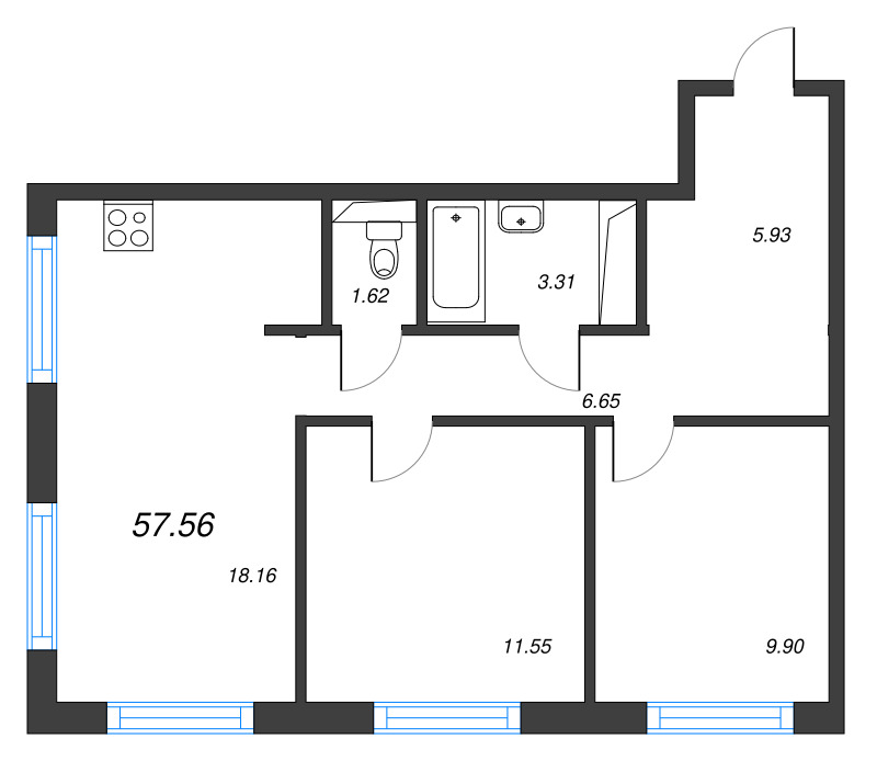 3-комнатная (Евро) квартира, 57.56 м² в ЖК "Legenda Васильевского" - планировка, фото №1