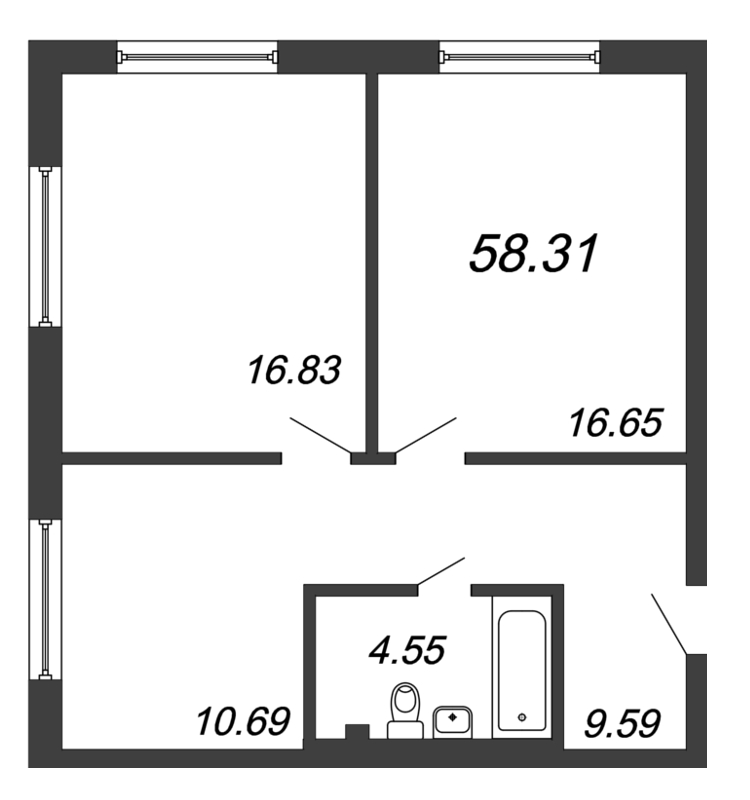 2-комнатная квартира, 58.31 м² - планировка, фото №1
