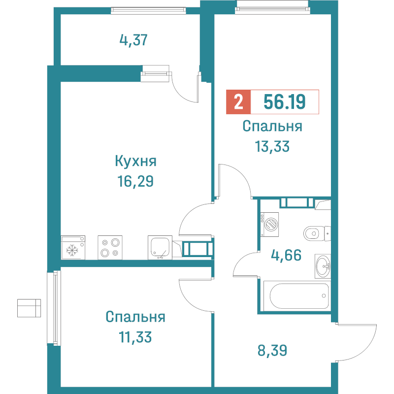 3-комнатная (Евро) квартира, 56.19 м² - планировка, фото №1