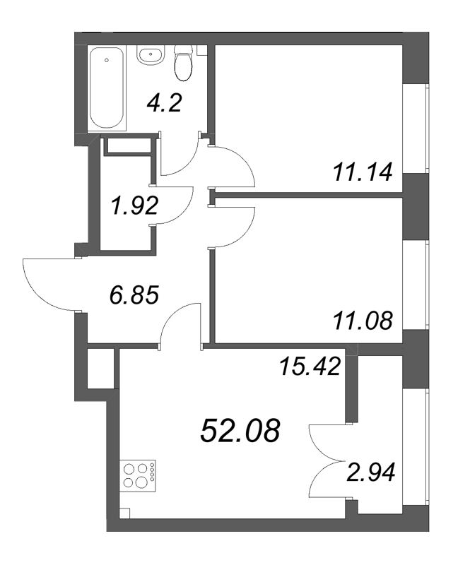 3-комнатная (Евро) квартира, 52.08 м² в ЖК "NewПитер 2.0" - планировка, фото №1
