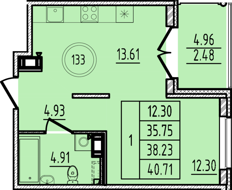1-комнатная квартира, 35.75 м² в ЖК "Образцовый квартал 14" - планировка, фото №1