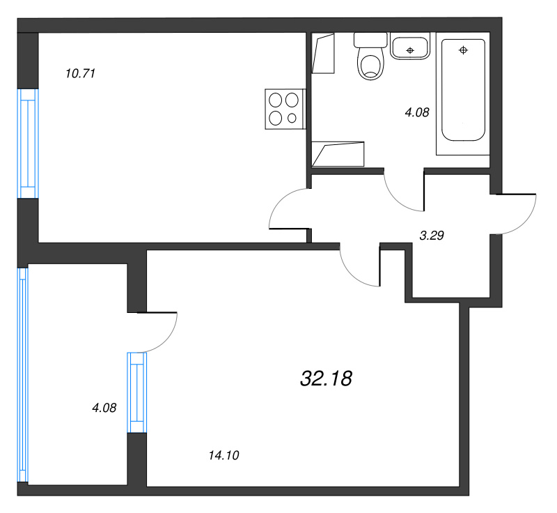1-комнатная квартира, 32.18 м² - планировка, фото №1