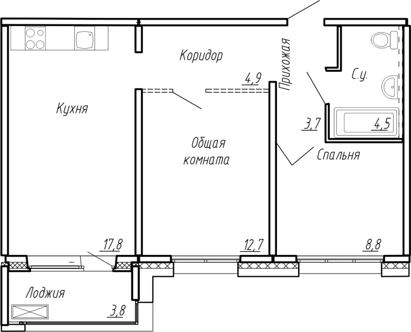 3-комнатная (Евро) квартира, 56.2 м² в ЖК "Сибирь" - планировка, фото №1