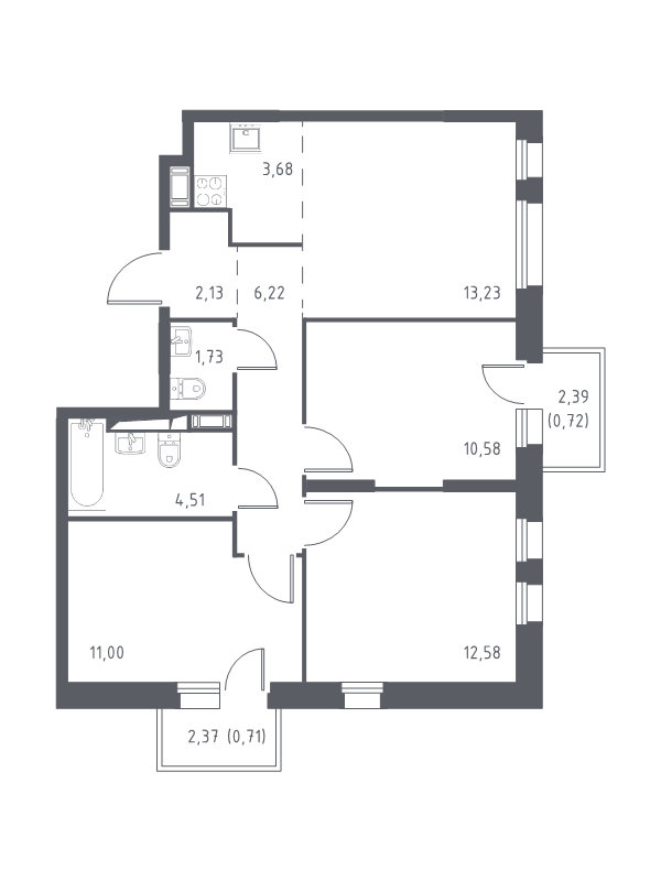 4-комнатная (Евро) квартира, 67.09 м² - планировка, фото №1