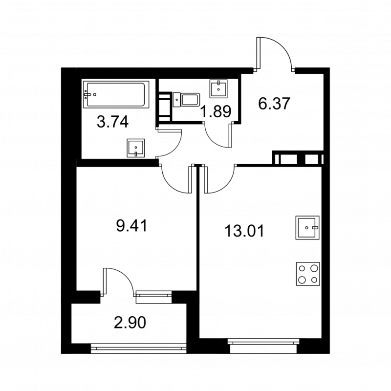 1-комнатная квартира, 35.87 м² - планировка, фото №1