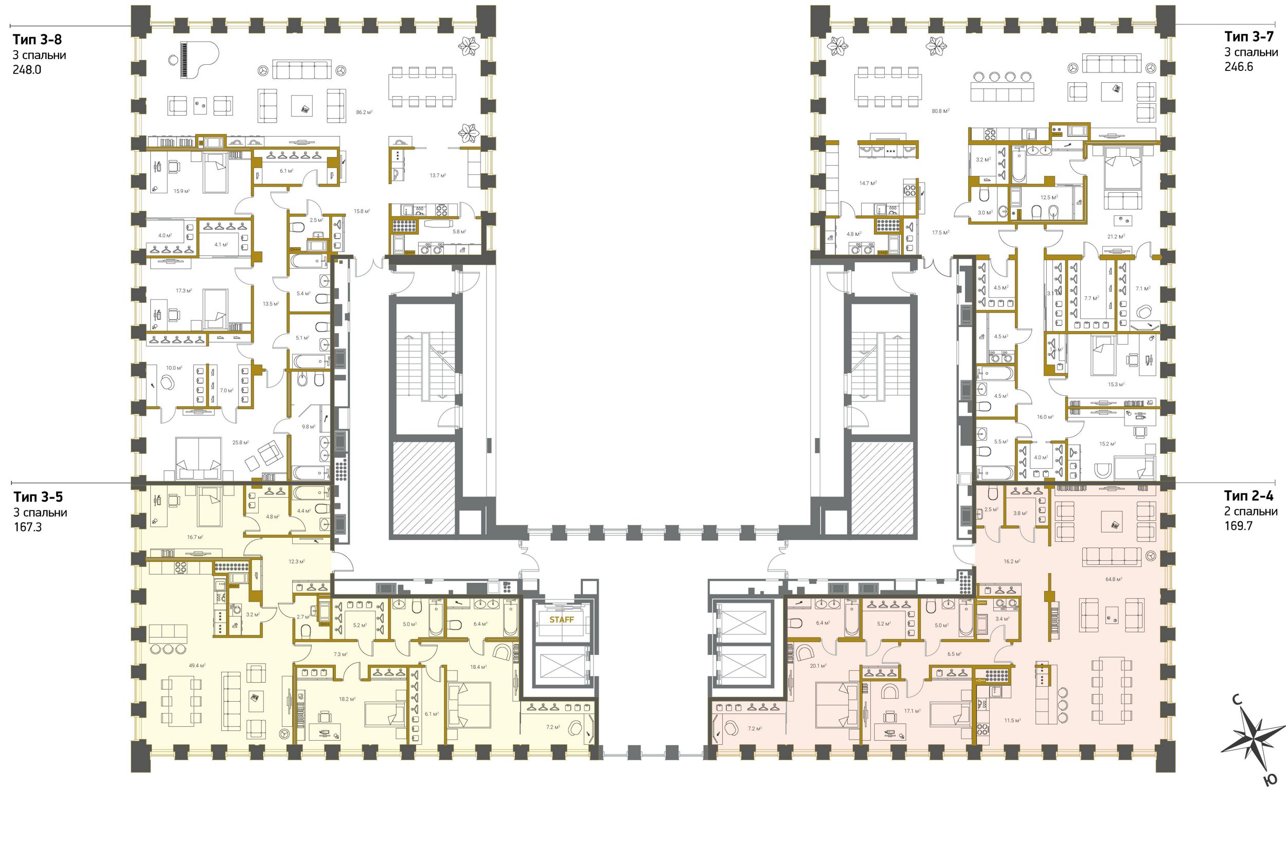 4-комнатная (Евро) квартира, 248 м² - планировка этажа
