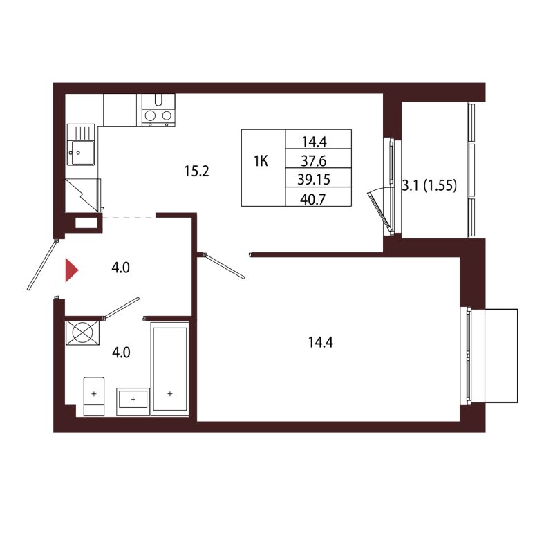 2-комнатная (Евро) квартира, 39.15 м² - планировка, фото №1