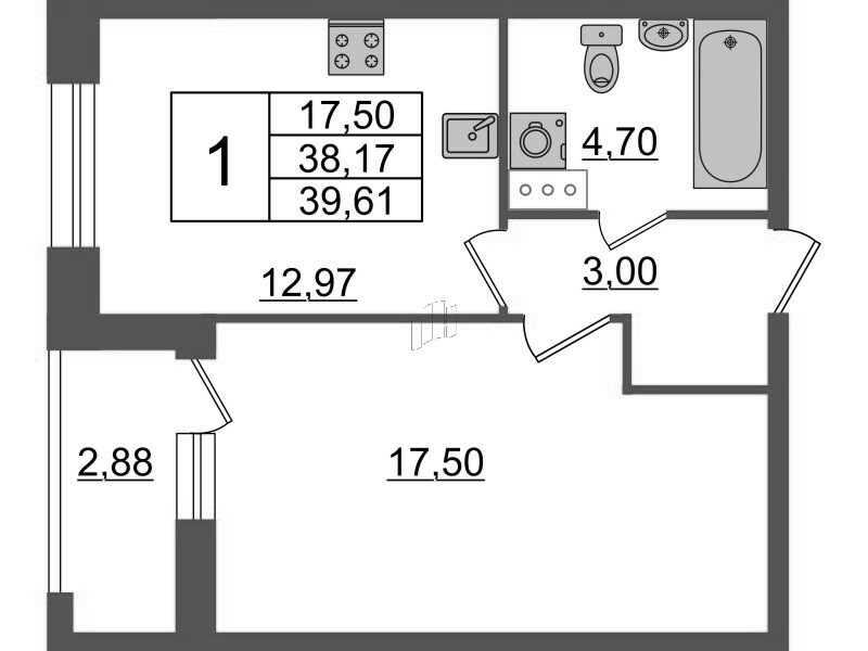 1-комнатная квартира, 39.61 м² - планировка, фото №1