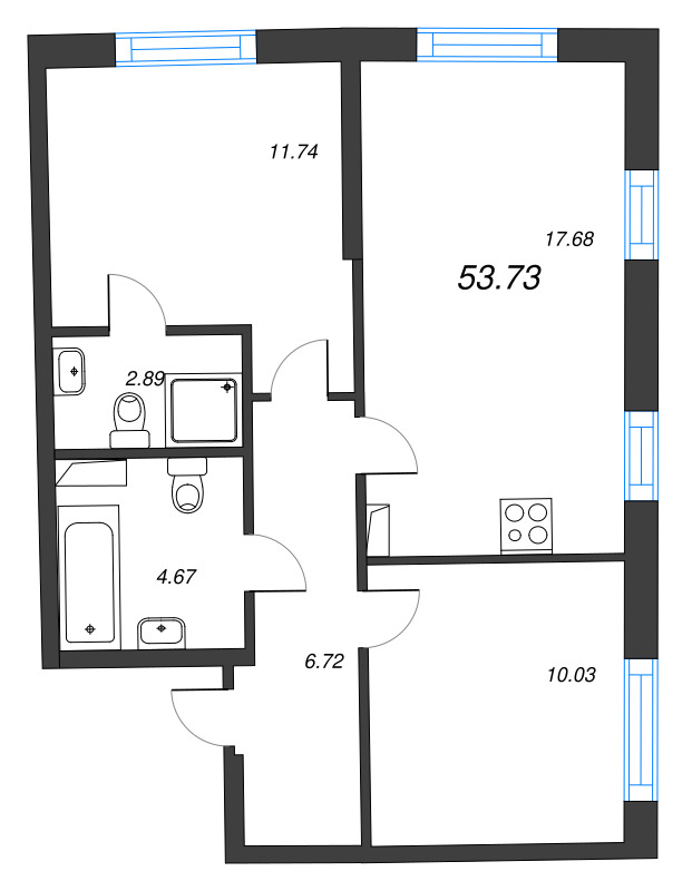 3-комнатная (Евро) квартира, 53.73 м² в ЖК "Бульвар Грина" - планировка, фото №1