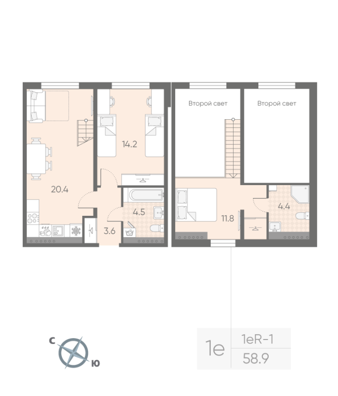 3-комнатная (Евро) квартира, 58.9 м² в ЖК "Пулково Lake" - планировка, фото №1