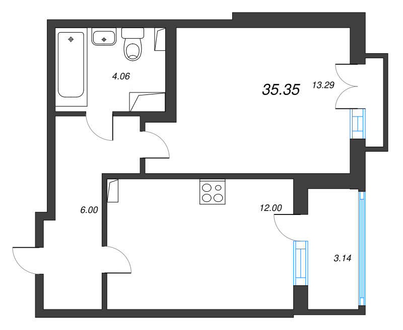 1-комнатная квартира, 35.35 м² - планировка, фото №1