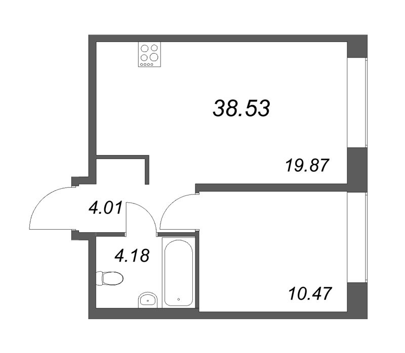 2-комнатная (Евро) квартира, 38.53 м² - планировка, фото №1