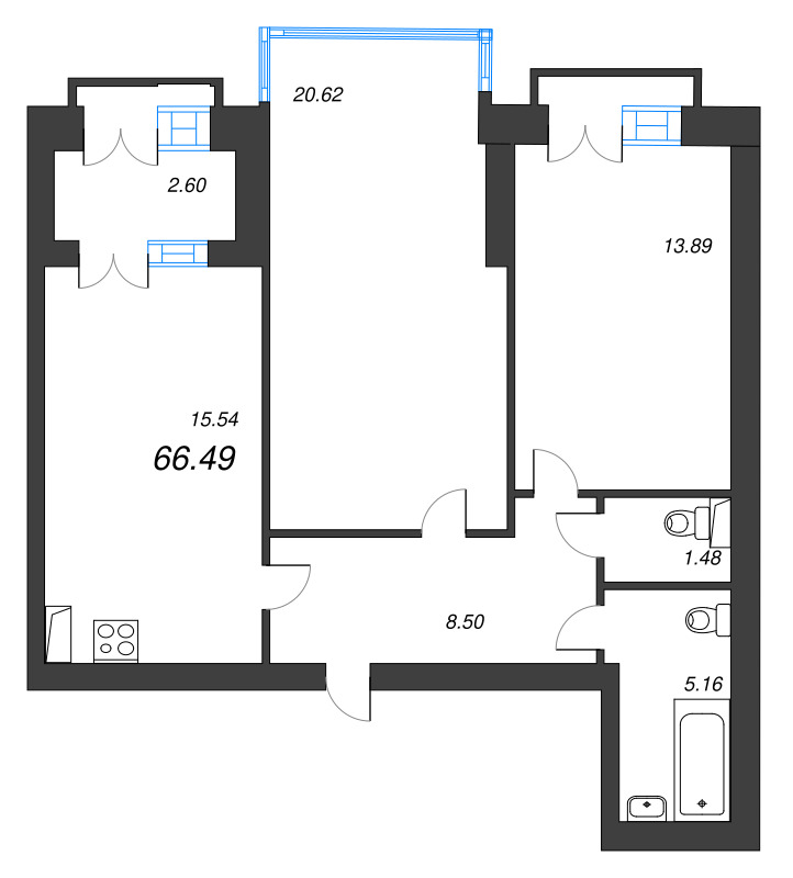 3-комнатная (Евро) квартира, 66.49 м² в ЖК "Наука" - планировка, фото №1