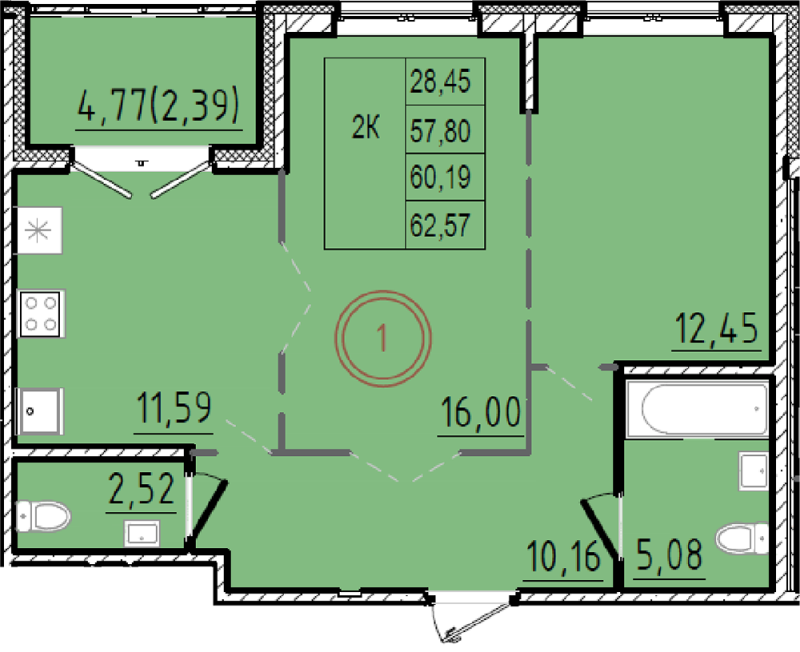 2-комнатная квартира, 57.8 м² в ЖК "Образцовый квартал 9.1" - планировка, фото №1