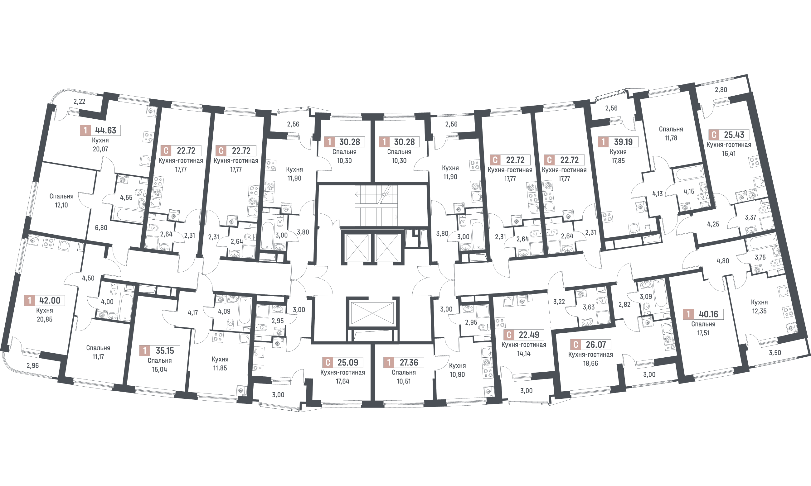 1-комнатная квартира, 27.36 м² в ЖК "Авиатор" - планировка этажа