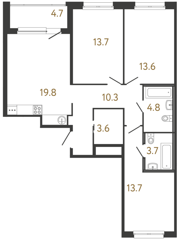 4-комнатная (Евро) квартира, 83.2 м² в ЖК "Передвижники" - планировка, фото №1