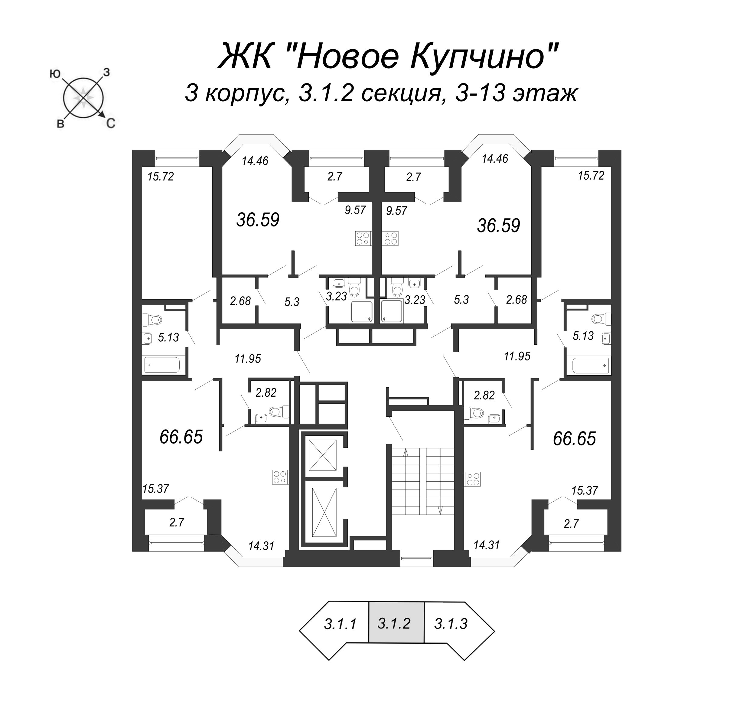 1-комнатная квартира, 36.7 м² в ЖК "Новое Купчино" - планировка этажа