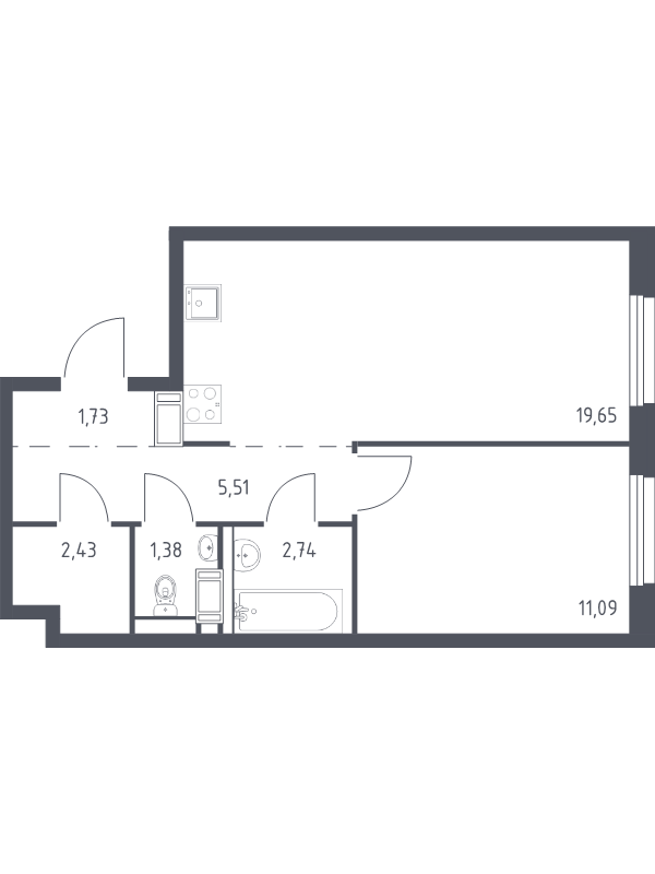 2-комнатная (Евро) квартира, 44.53 м² в ЖК "Квартал Торики" - планировка, фото №1