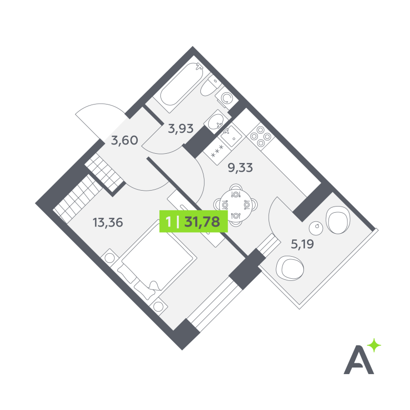1-комнатная квартира, 31.78 м² в ЖК "Аквилон РекаПарк" - планировка, фото №1