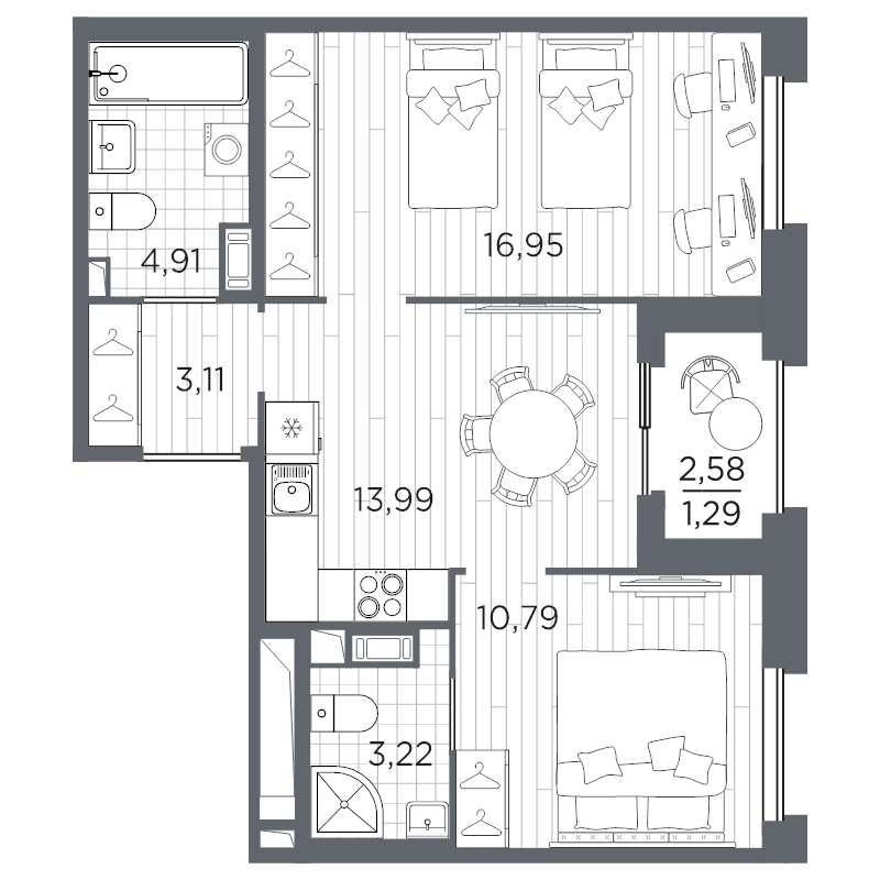 2-комнатная квартира, 54.26 м² в ЖК "Оптимист" - планировка, фото №1