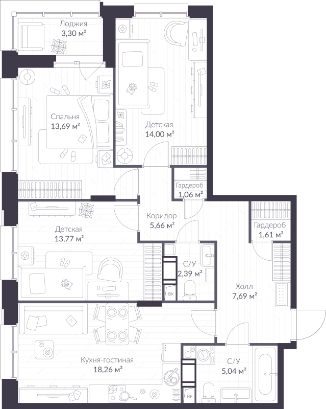 4-комнатная (Евро) квартира, 84.82 м² в ЖК "VEREN NORT сертолово" - планировка, фото №1